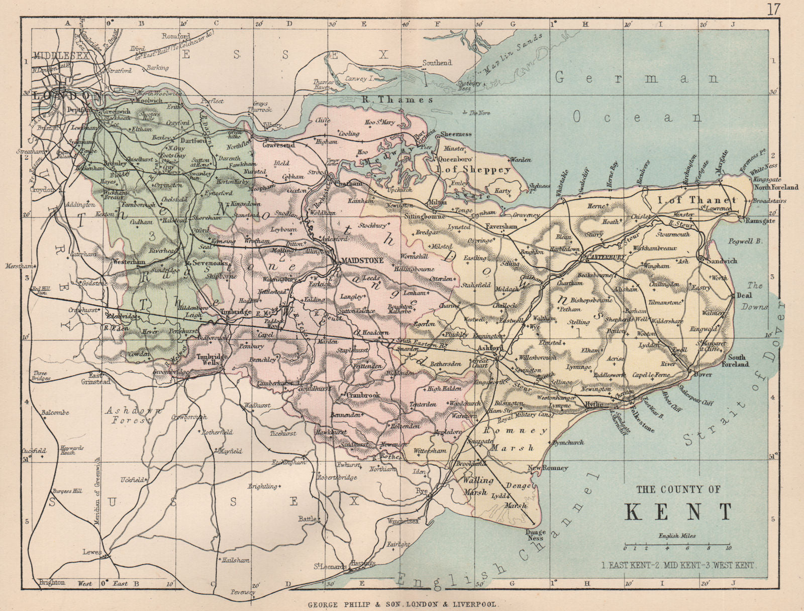 KENT. Antique county map. Railways roads. Constituencies. PHILIP 1882 old